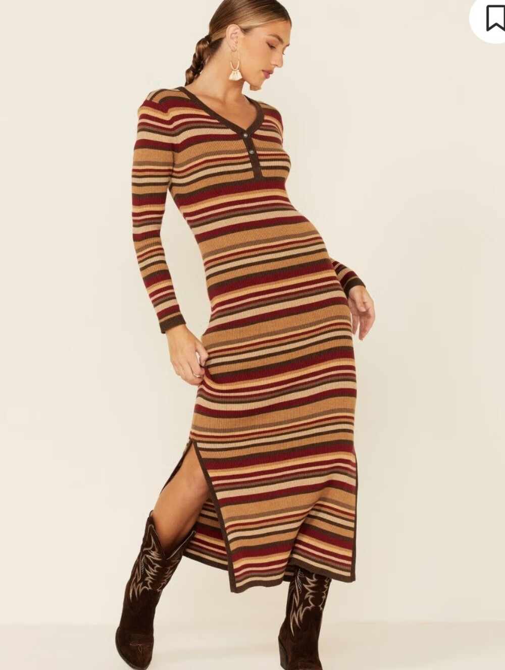 Tasha Polizzi, Striped Long Sleeve Midi Dress - Tan & Burgundy